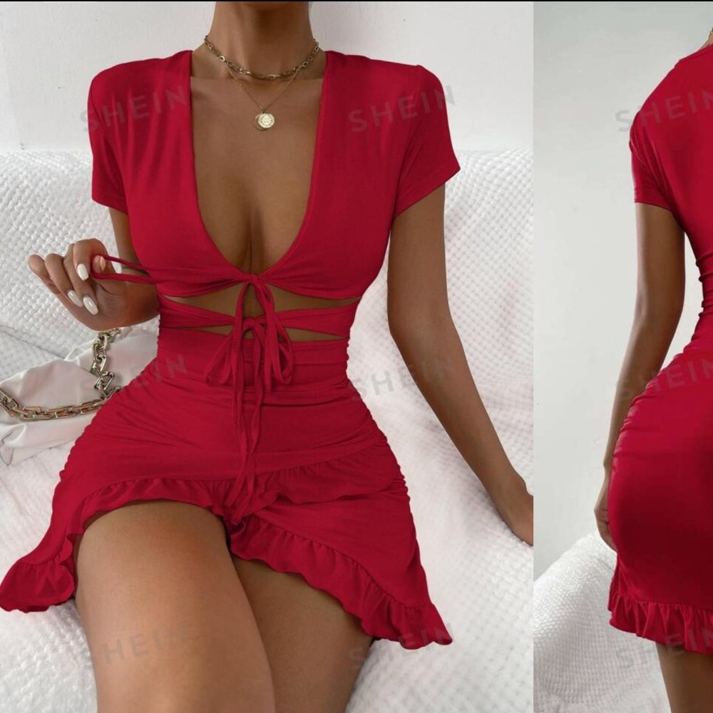 SHEIN Burgundy Tied Cutout Front Ruffle Trim Wrap Hem Dress NWOT